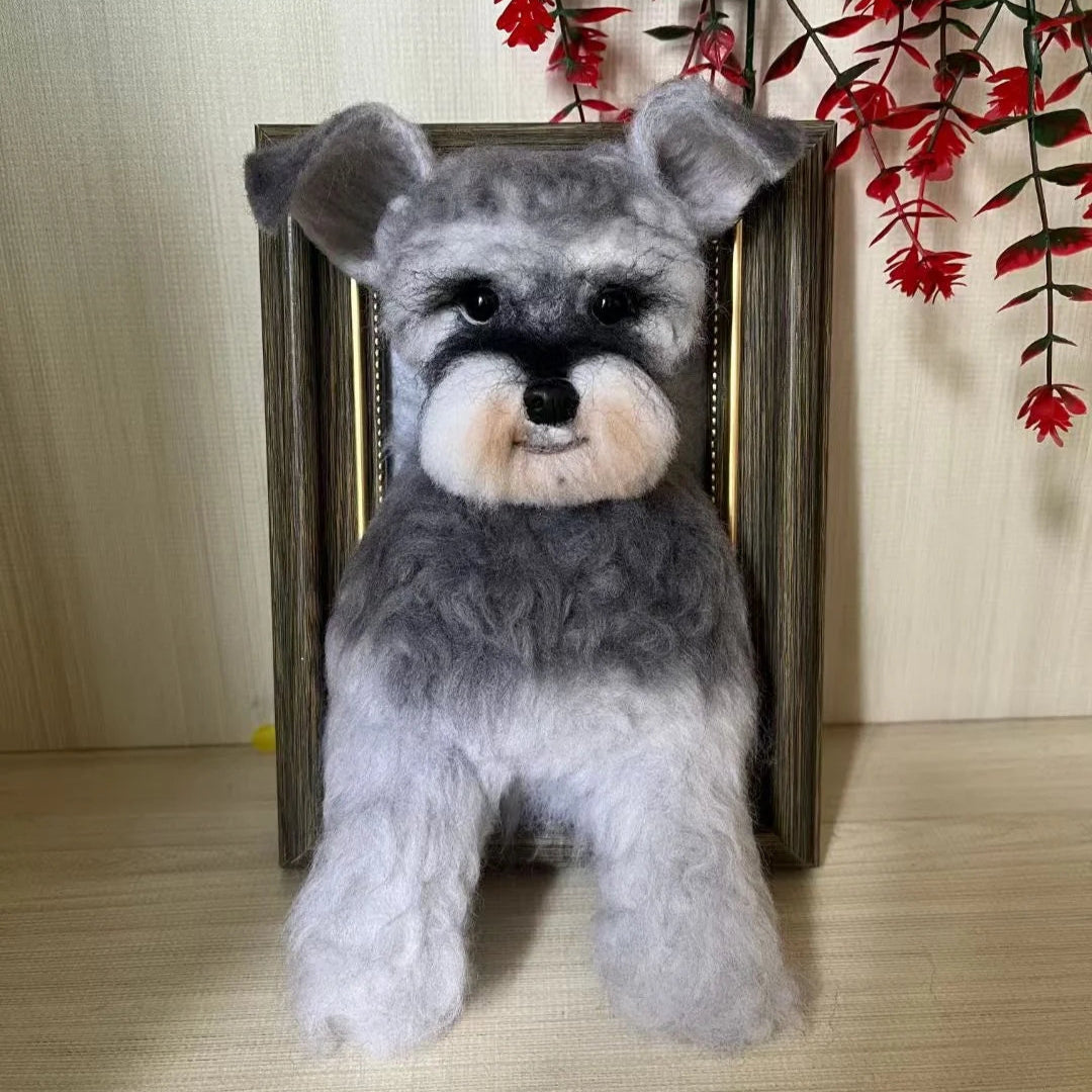 Plush toy dog sitting on a wooden floor with a decorative plant in the background