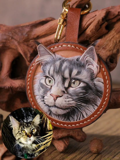 Custom Pet Portrait Leather Keychain