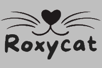 Black 'Roxycat' logo with cat whiskers and heart on a white background