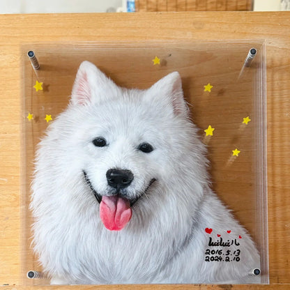 White dog's portrait on a transparent board with a wooden frame, surrounded by art supplies.
