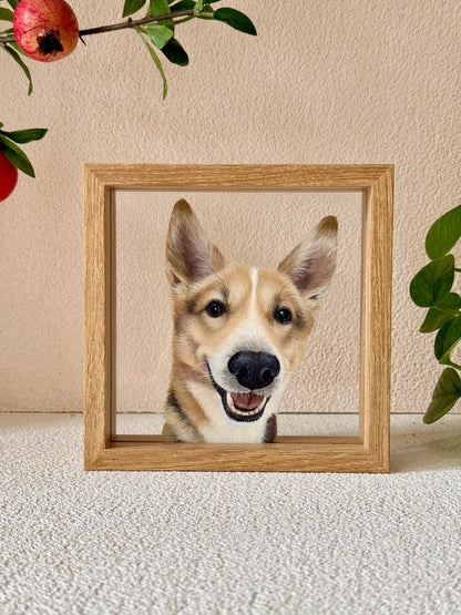 Framed portrait of a dog on a textured surface with a neutral background