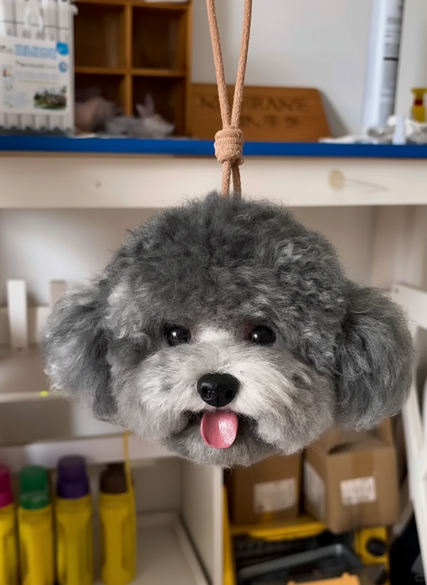 Gray and white dog-shaped toy hanging from a rope in a store setting.