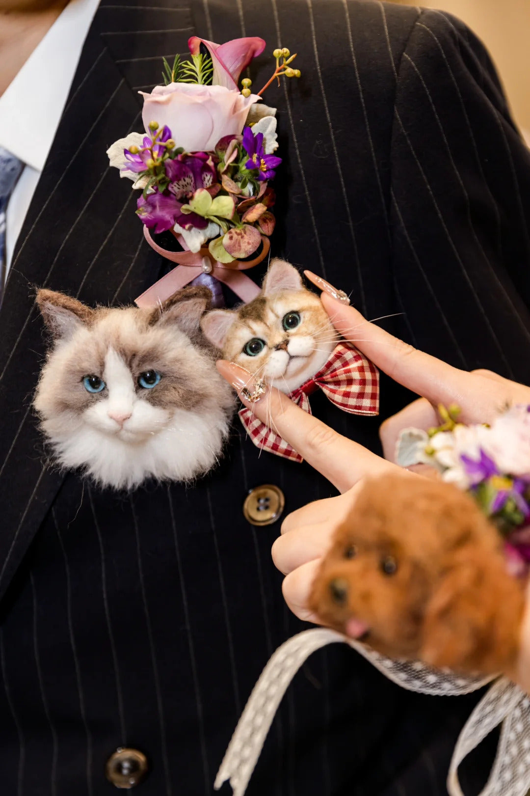 Person wearing a suit with a floral boutonniere and holding a fluffy cat toy.