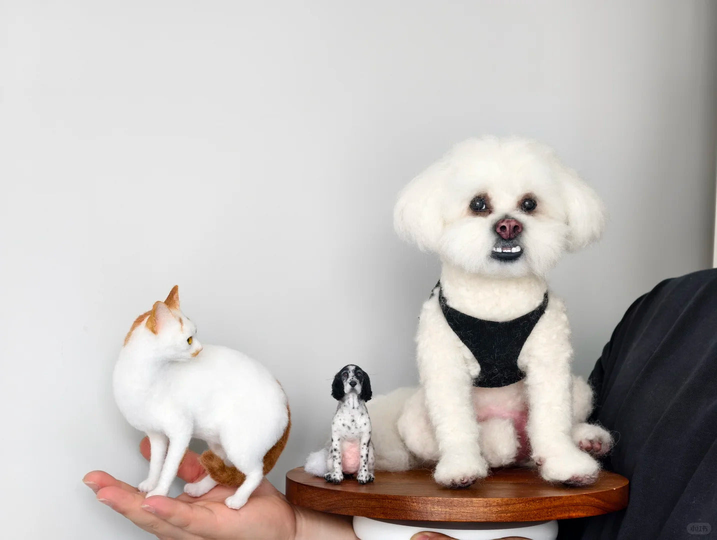 Small white dog and cat figurines on wooden stands against a plain background
