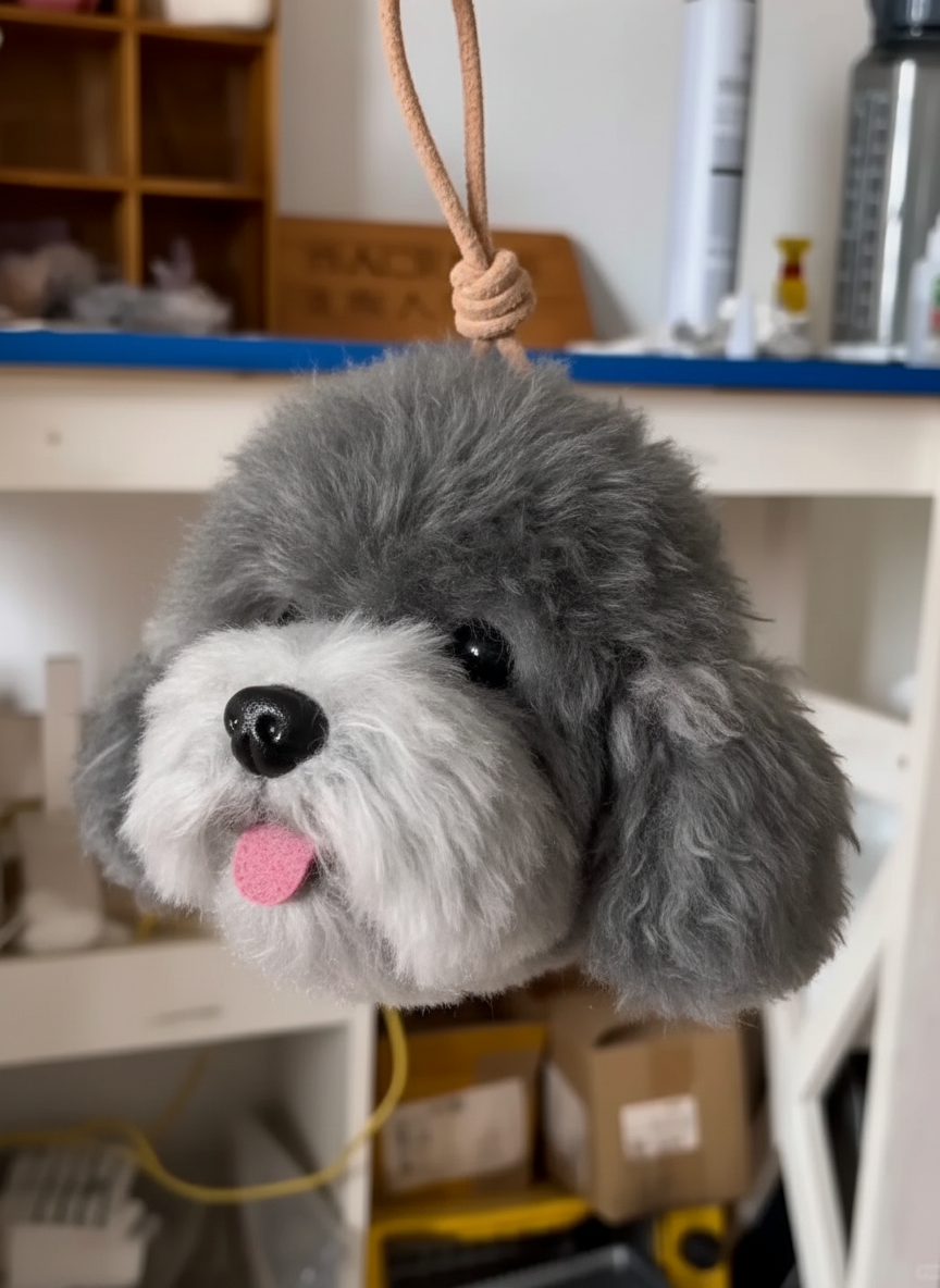 Plush dog toy hanging from a rope in a workshop setting