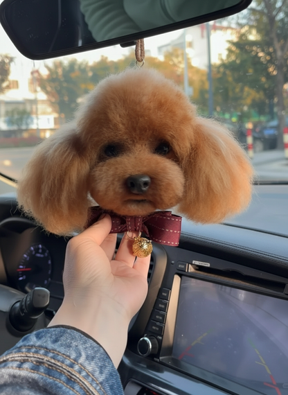 Small brown dog with a bow tie held by a hand inside a car.