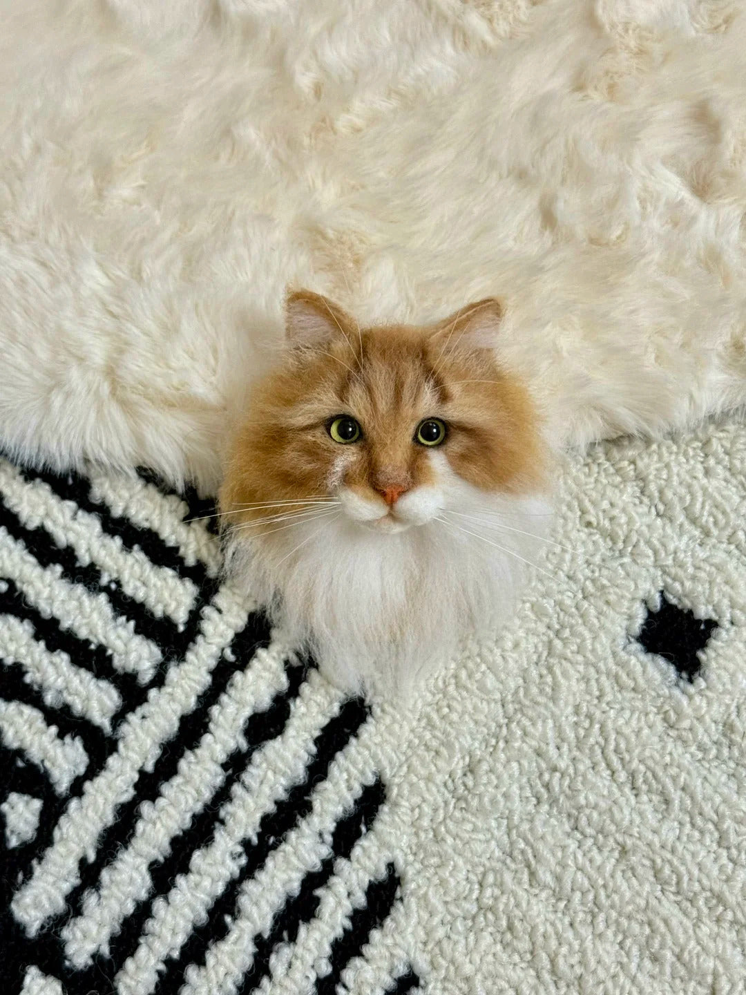 Cat sitting on a fluffy white rug with a black and white patterned pillow.